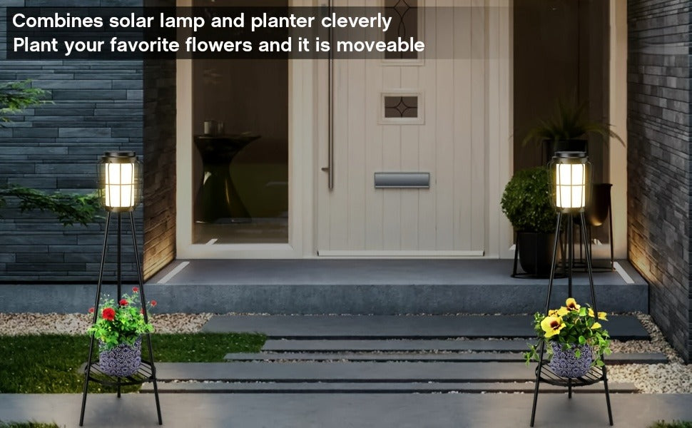 Solar Floor Lamp with Metal Plant Stand 36 Inch Outdoor Solar Light Flower Shelf for Patio Deck Yard Garden Outdoor Decor Gift Set of 2