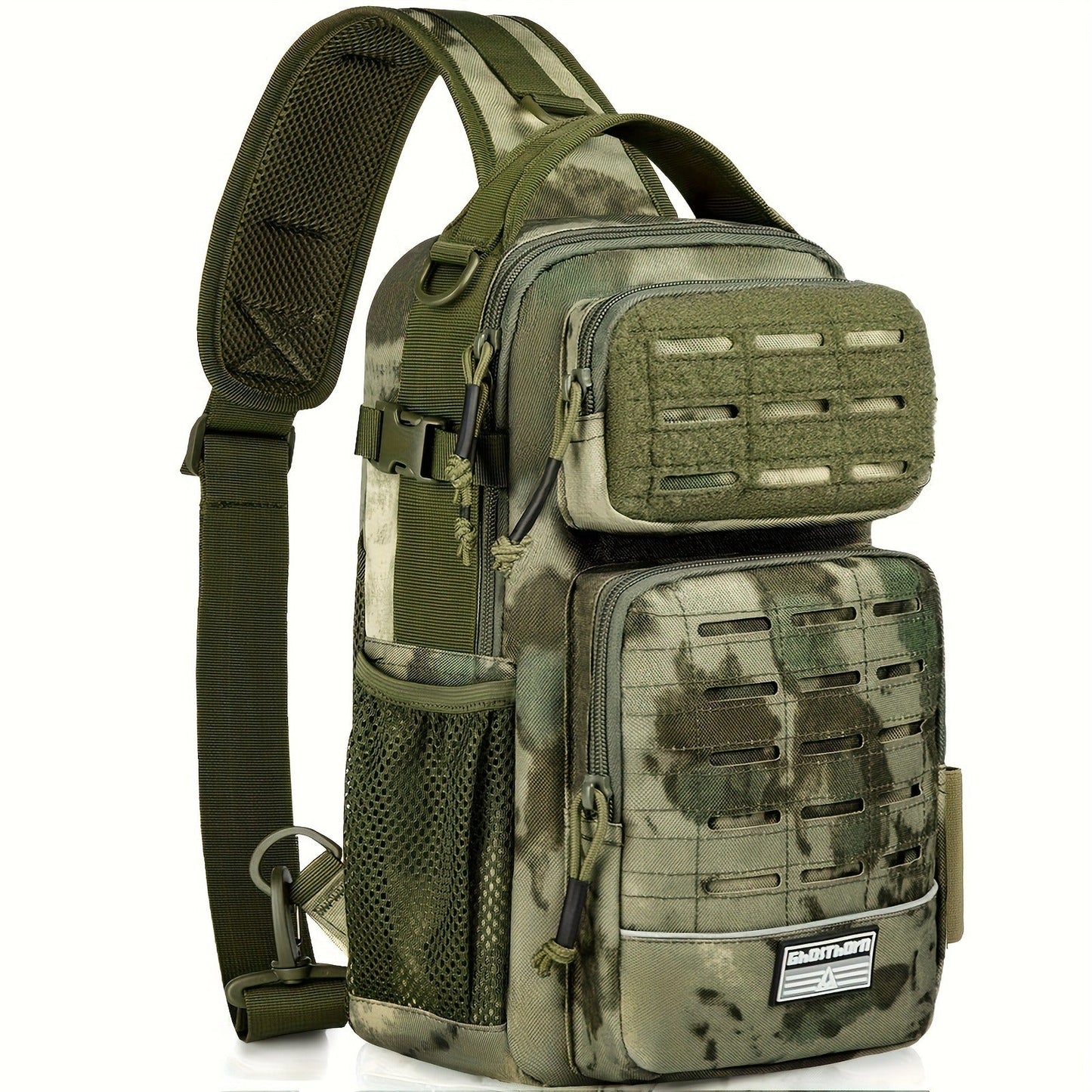 Camouflage Fishing Shoulder Bag with Six Checkout Options, Multi-Pocket Layout, Rod Holder and Bottle Pocket