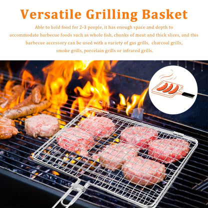 Grill Basket Stainless Steel Folding BBQ Grilling Basket for Fish Chicken Vegetables Shrimp Portable Outdoor Camping Barbecue Accessory 3 Sizes