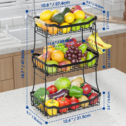 Fruit Basket with Banana Hook, 2 & 3 Tier Metal Stand, Removable Tiers, Wooden Handle, Kitchen Countertop Organizer for Fruits, Vegetables & Bread