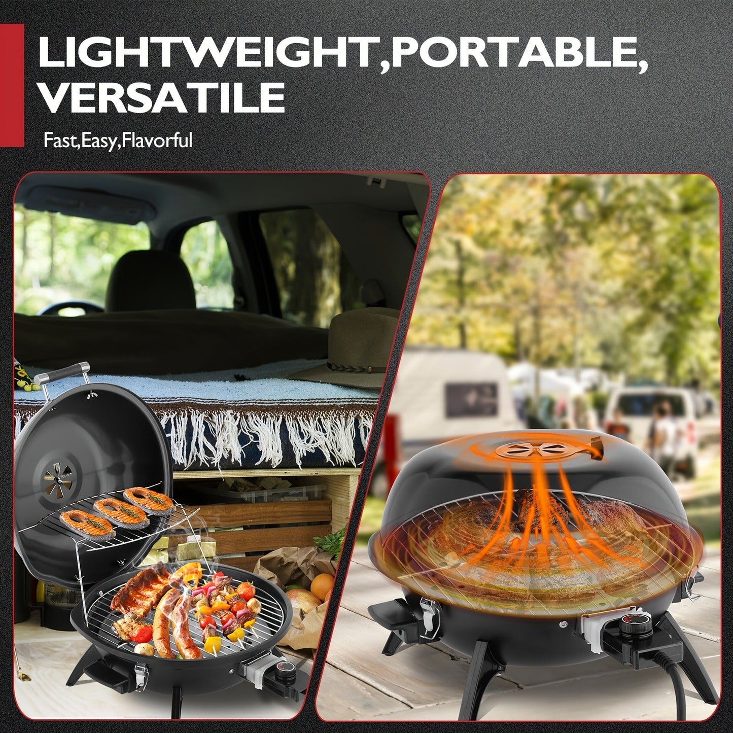 Electric BBQ Grill 1600W Indoor Outdoor Tabletop Grill with Lid Stainless Steel Heating Tube Chrome Grate Cool-Touch Handle