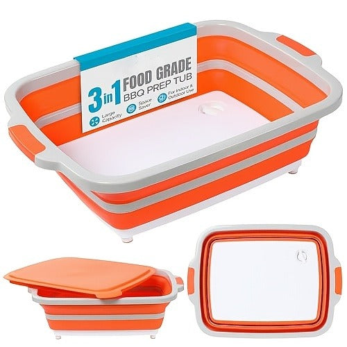 Collapsible Three-in-One BBQ Prep Tub with Cutting Board, Washing Basket, Drain Plug and Locking Lid in Black