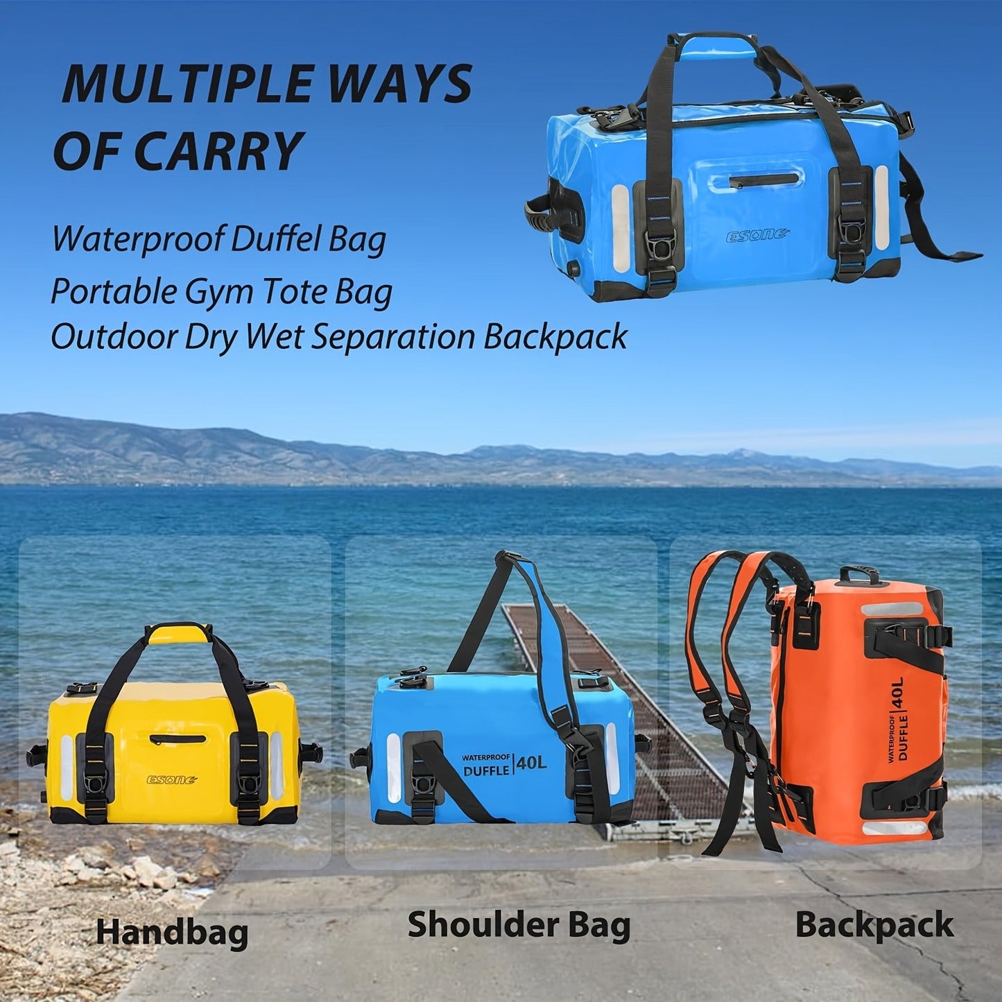 Outdoor Dry Duffel Bag in Blue, Orange or Yellow with 40 L, 60 L and 23.78-Gallon Capacity Options