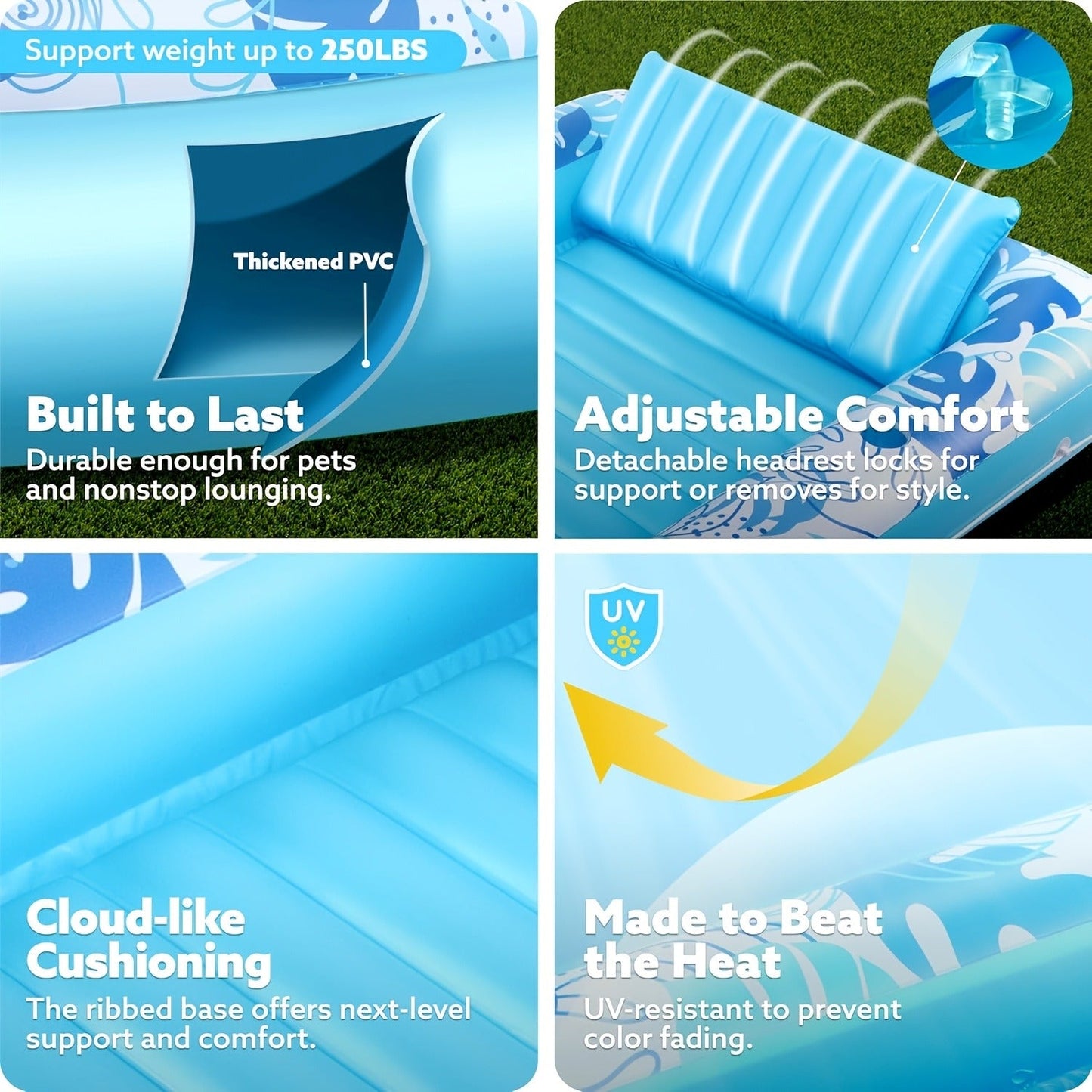 Tanning Pool Float 4-in-1 – Inflatable Sunbathing Lounger with Detachable Pillow, Cup Holder & Wrap Rope, Water-Filled Sun Tan Tub Raft for Adults, PVC