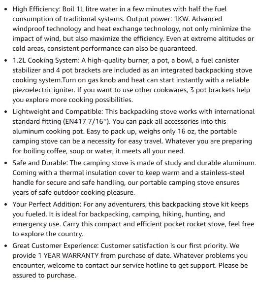 Backpacking Stove Cooking System with Pot Piezo Ignition 1KW Isobutane Burner 1.2L Pot Brackets Included Lightweight Portable for Hiking Camping Fishing Hunting