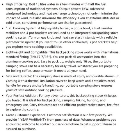 Backpacking Stove Cooking System with Pot Piezo Ignition 1KW Isobutane Burner 1.2L Pot Brackets Included Lightweight Portable for Hiking Camping Fishing Hunting