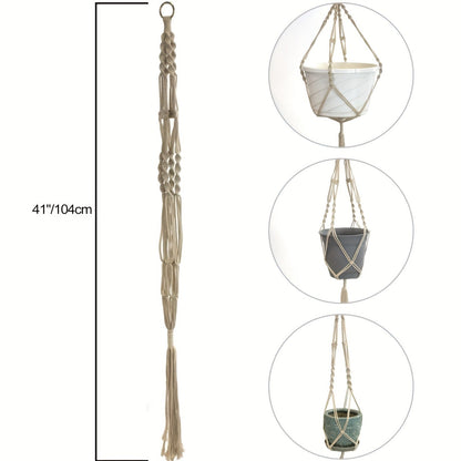 Four-Piece Macrame Plant Hanger Set in White, Black or Natural Rope with Woven Pot Holder Designs
