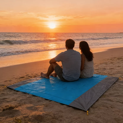 210 x 200cm Picnic Mat with Blue Center Panel, Grey Border, Drawstring Carry Pouch and Ground Stakes