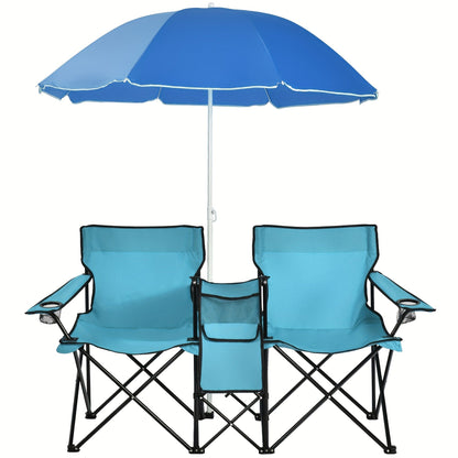 Folding Picnic Chair Set for 2 | Umbrella, Cooler Bag & Table, 600 Lbs Capacity, Portable