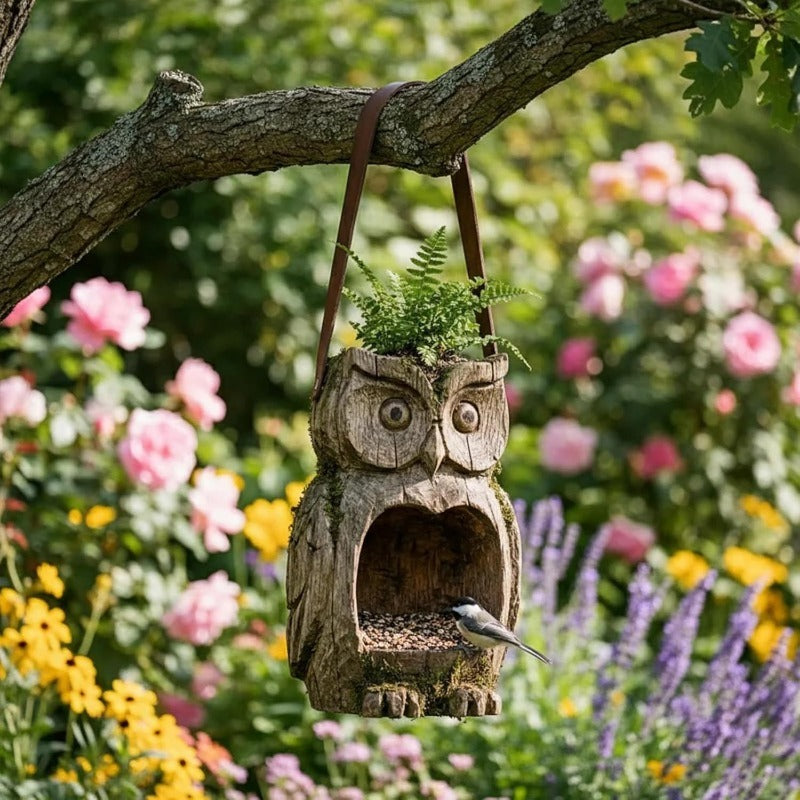 Rustic Owl-Shaped Hanging Bird Feeder and Planter with Open Front, Carry Strap and Hollow Log-Style Body