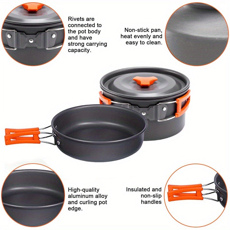 Camping Cookware Set, Aluminum Pot, Frying Pan and Kettle Kit with Folding Handles, Cutlery and Carry Bag