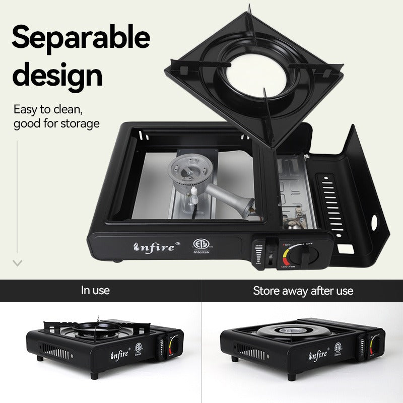 Black Single-Burner Butane Tabletop Camping Stove with Carrying Case, Adjustable Knob and US-Spec Option