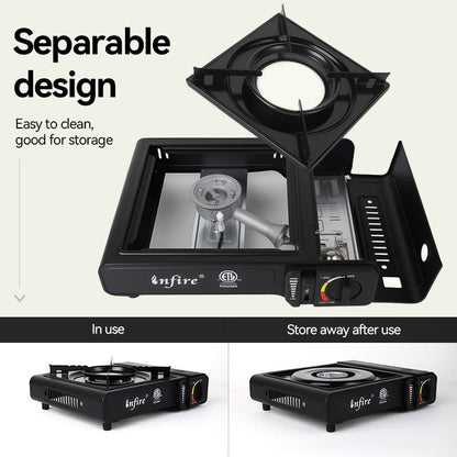 Black Single-Burner Butane Tabletop Camping Stove with Carrying Case, Adjustable Knob and US-Spec Option