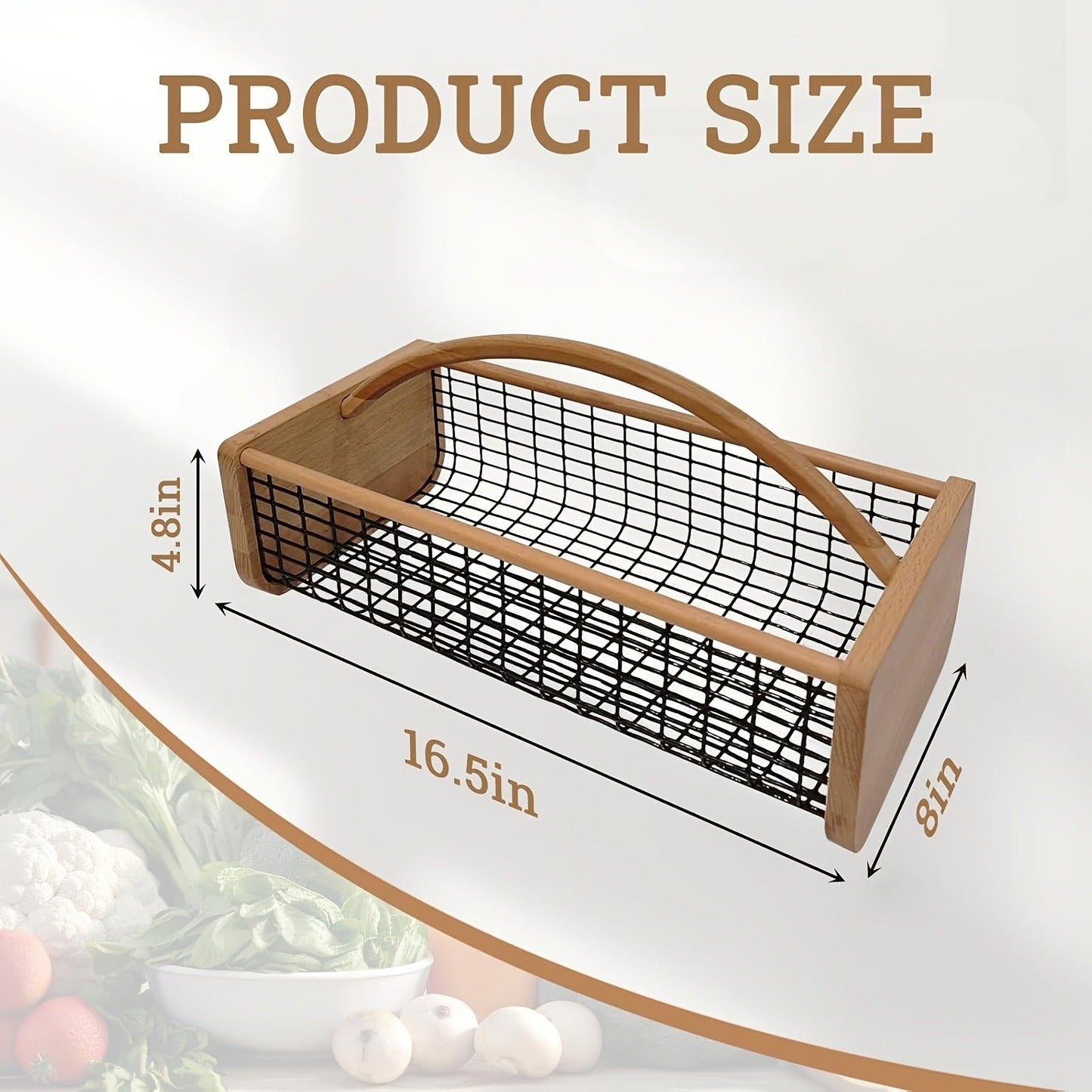 Garden Harvest Basket with Metal Mesh Body, Wooden Ends, Carry Handle and Small or Large Black Options