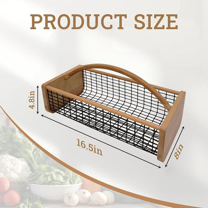Garden Harvest Basket with Metal Mesh Body, Wooden Ends, Carry Handle and Small or Large Black Options