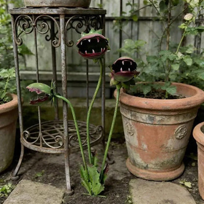 Three-Head Flower-Monster Garden Stake with Pictured 25.19-Inch Height for Planter, Lawn or Patio Display