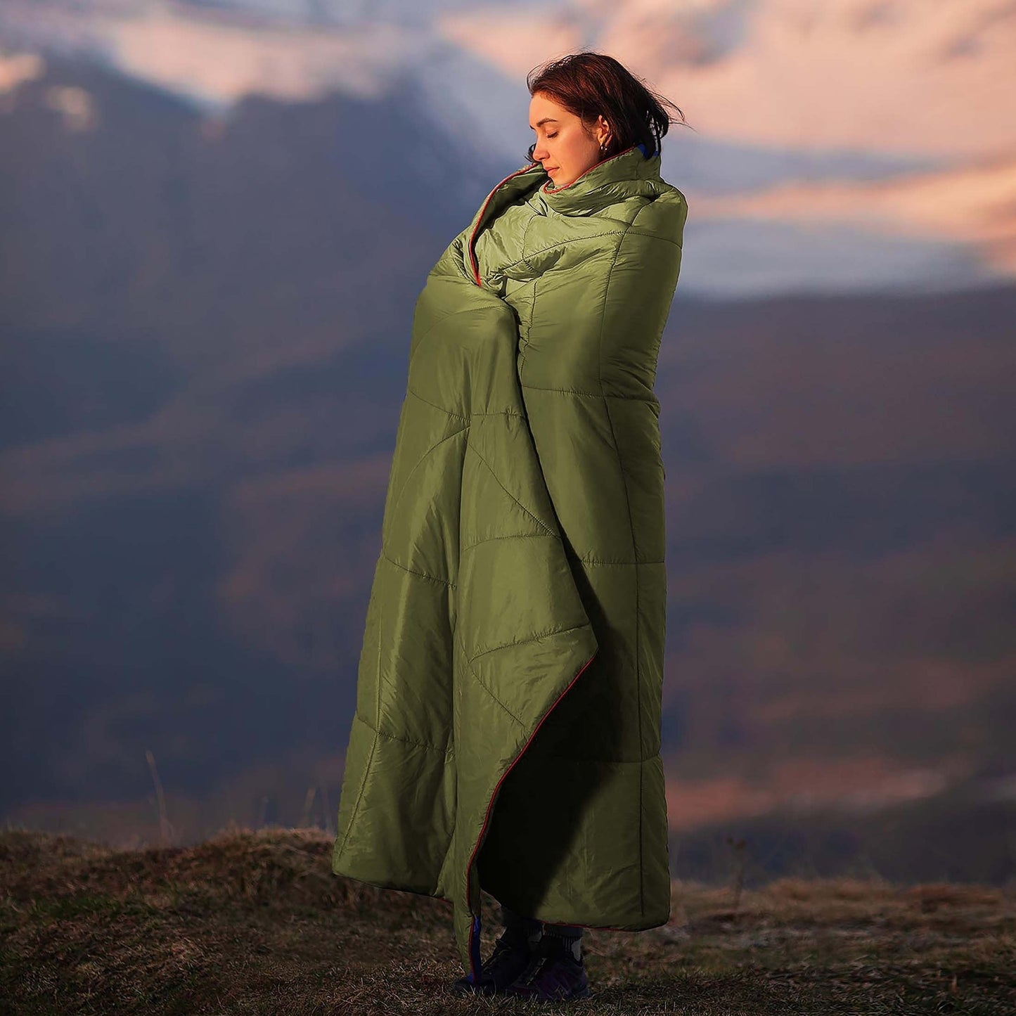 Puffy Camping Blanket Foldable Lightweight Water Resistant with 3D Eye Mask - DWR Coated Outdoor Blanket for Camping, Hiking, Travel, Beach, Stadium & Car, Warm Packable Throw in 4 Colors, 55" x 78"