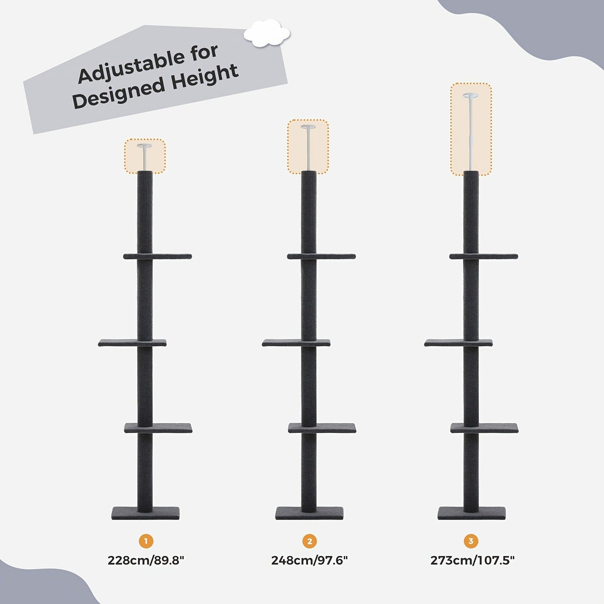 90-107.9-Inch Floor-to-Ceiling Cat Tree with Four Platforms, Tension Post and Five Style Options