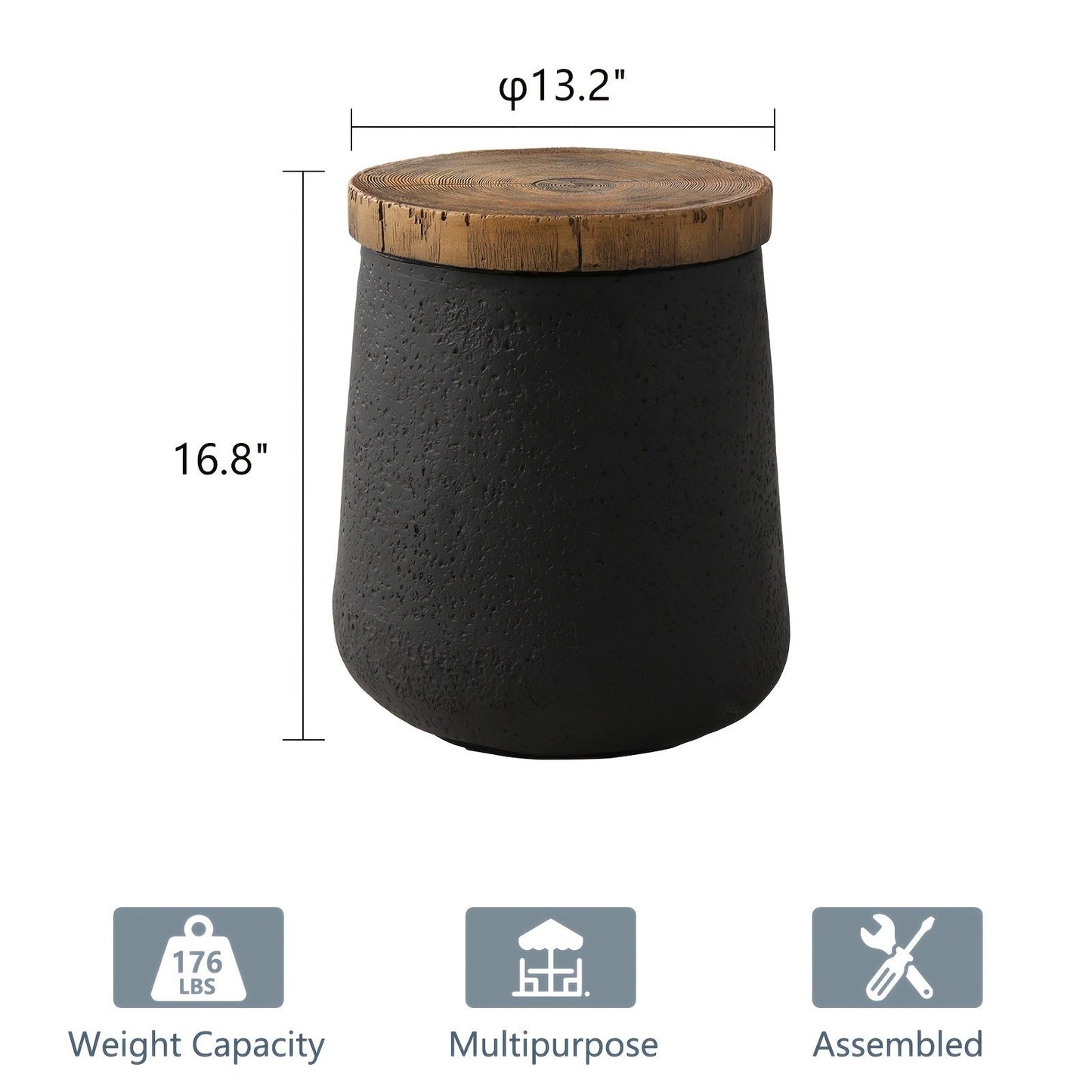 Outdoor Side Table 17-Inch Concrete Design with Wood-Look Finish in Black, Hourglass or Small Options