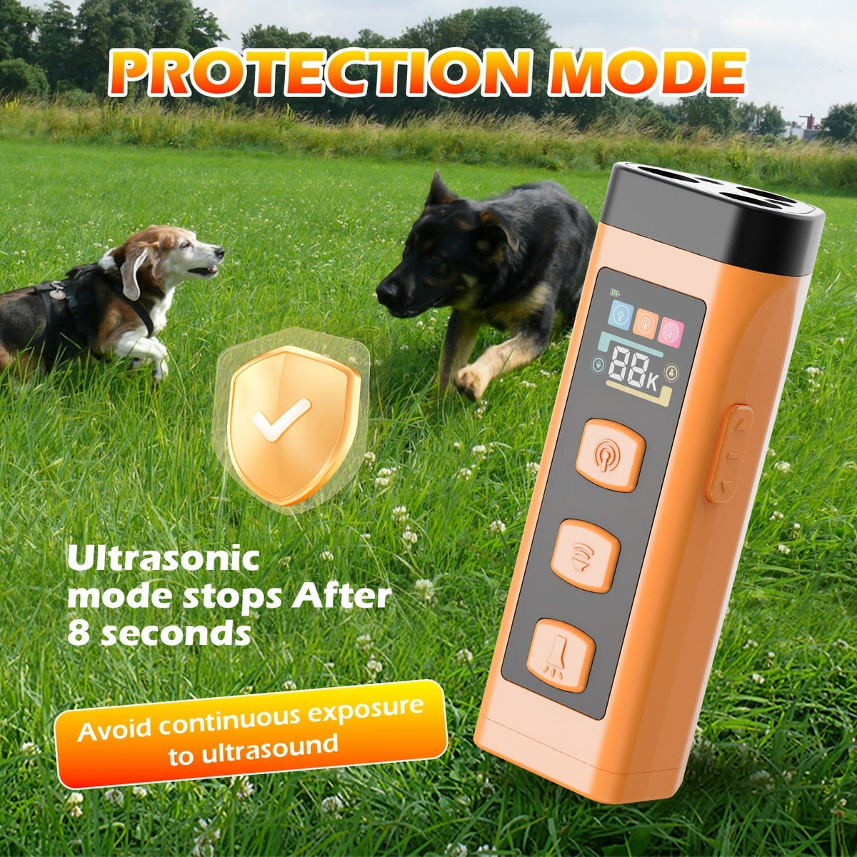 Orange Rechargeable Triple-Emitter Ultrasonic Dog Training Aid with Display, Light and Wrist Strap