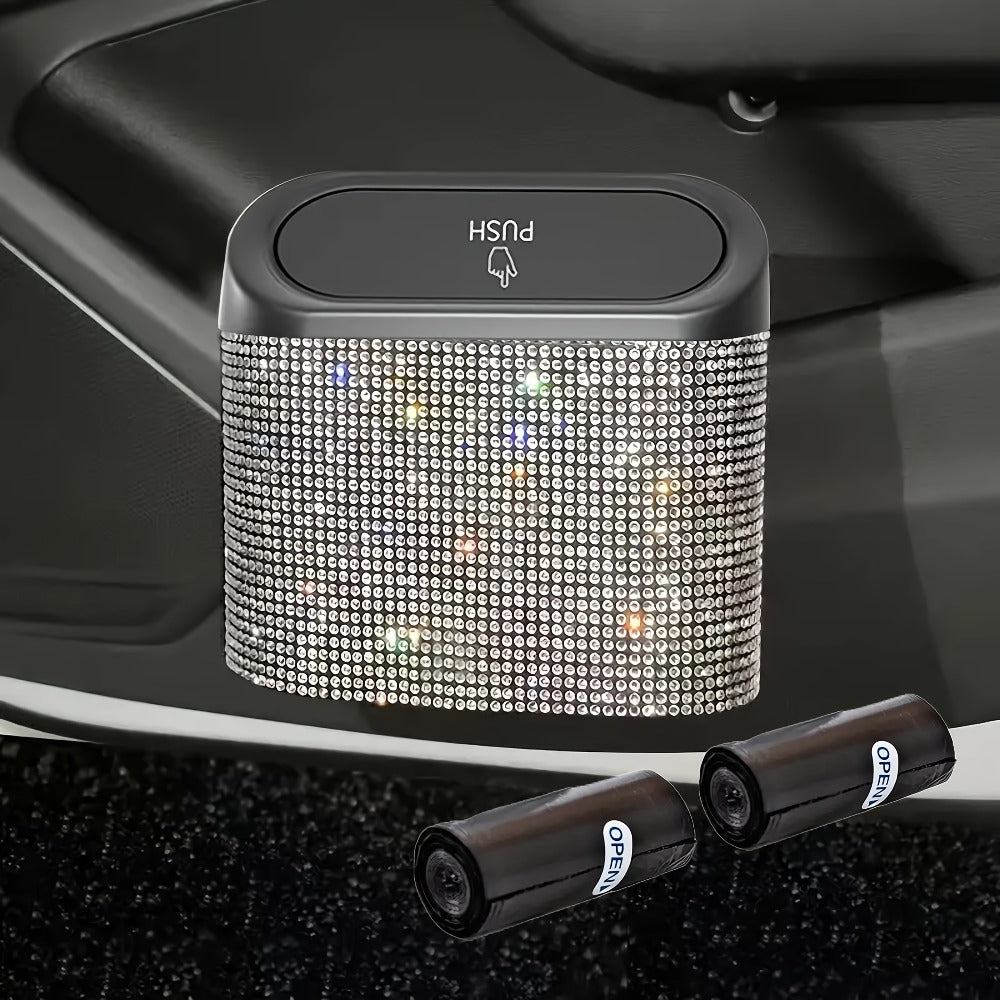Car Trash Can with Lid & Rhinestone Bling – Hanging Leakproof Auto Garbage Bin with 2 Trash Bags, Concealed Interior Storage for Vehicle Door, Seat Back, Home & Office (3pcs Set)