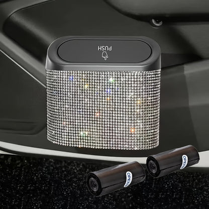 Car Trash Can with Lid & Rhinestone Bling – Hanging Leakproof Auto Garbage Bin with 2 Trash Bags, Concealed Interior Storage for Vehicle Door, Seat Back, Home & Office (3pcs Set)