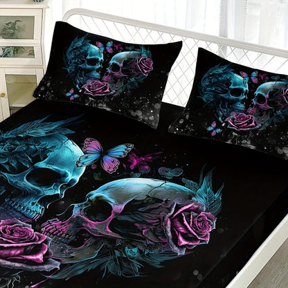 Gothic Skull Rose Fitted Sheet Set 3-Piece Halloween Bedding, HD Print Skull Flower Deep Pocket Fitted Sheet with 2 Pillowcases, Machine Washable Hypoallergenic, Twin Full Queen King, Bedroom Dorm Decor
