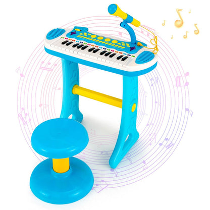 Kids Piano Keyboard 31-Key with Microphone & Stool, 22 Demos 8 Tones 7 Rhythms Flashing Lights, Portable Musical Toy for Toddlers Boys Girls Age 3+, Blue