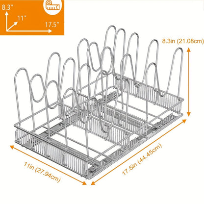Cabinet Pot & Pan Organizer Rack with 10 Adjustable Dividers, 11"W x 17.5"D x 8.3"H, Chrome Steel Kitchen Storage