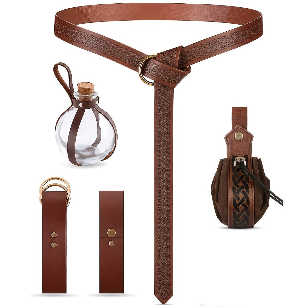 Costume Accessories 5-Piece Medieval Belt Set with Harness, Pouch, Bottle Holder and Two Color Options