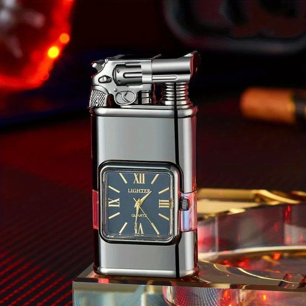 Quartz-Dial Torch Lighter with Rectangular Black Body and Three Sculpted Top Style Options