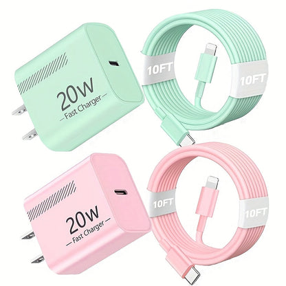 20W iPhone Fast Charger Bundle 3-Pack with 10ft L-Shaped Lightning Cable, 3 Chargers + 3 Cables Set for iPhone 14 13 12 11 Pro Max SE XR