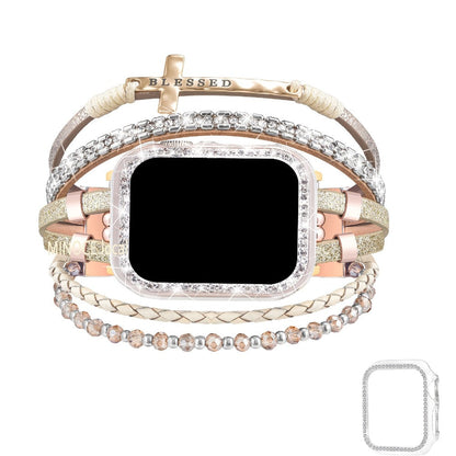 Boho Apple Watch Band 2-in-1 Bracelet & Protective Case for Women, Handmade Multilayer Wrap Strap with Glitter Bumper, Fits Apple Watch 38/40/41/42/44/45mm Series 9 8 7 6 5 4 3 2 1 SE – Sky Blue Pink Gold