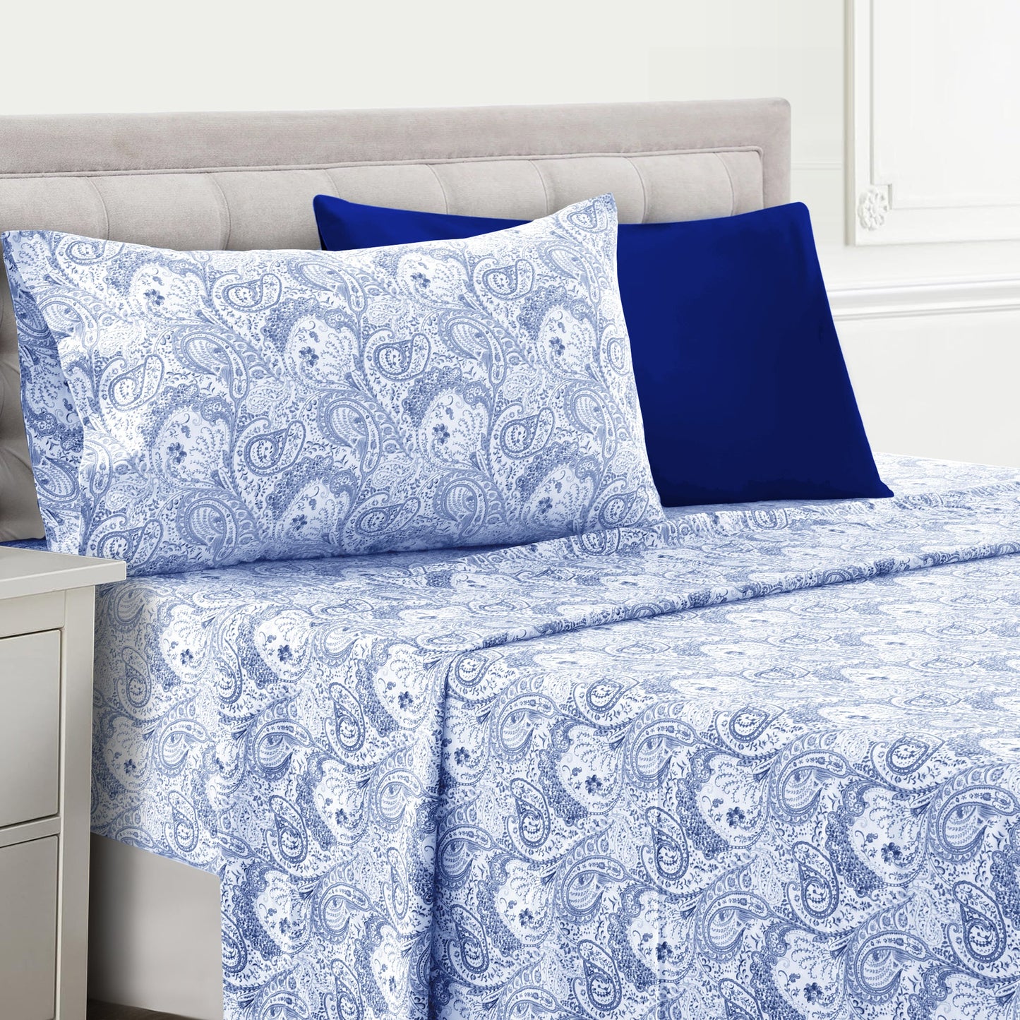Bed Sheet Set Paisley Brushed Polyester in 4- or 6-Piece Sizing with 16-Inch Pocket and Wash Instructions