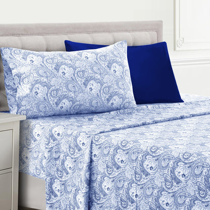 Bed Sheet Set Paisley Brushed Polyester in 4- or 6-Piece Sizing with 16-Inch Pocket and Wash Instructions