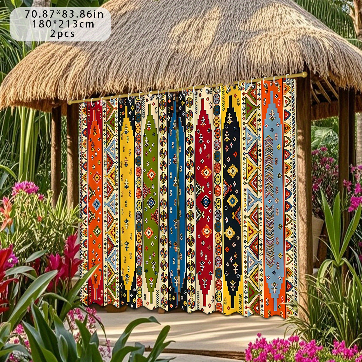 Boho Pattern Outdoor Curtain Pair in 180 cm Width with 180, 213 or 243 cm Length Options for Patio Use