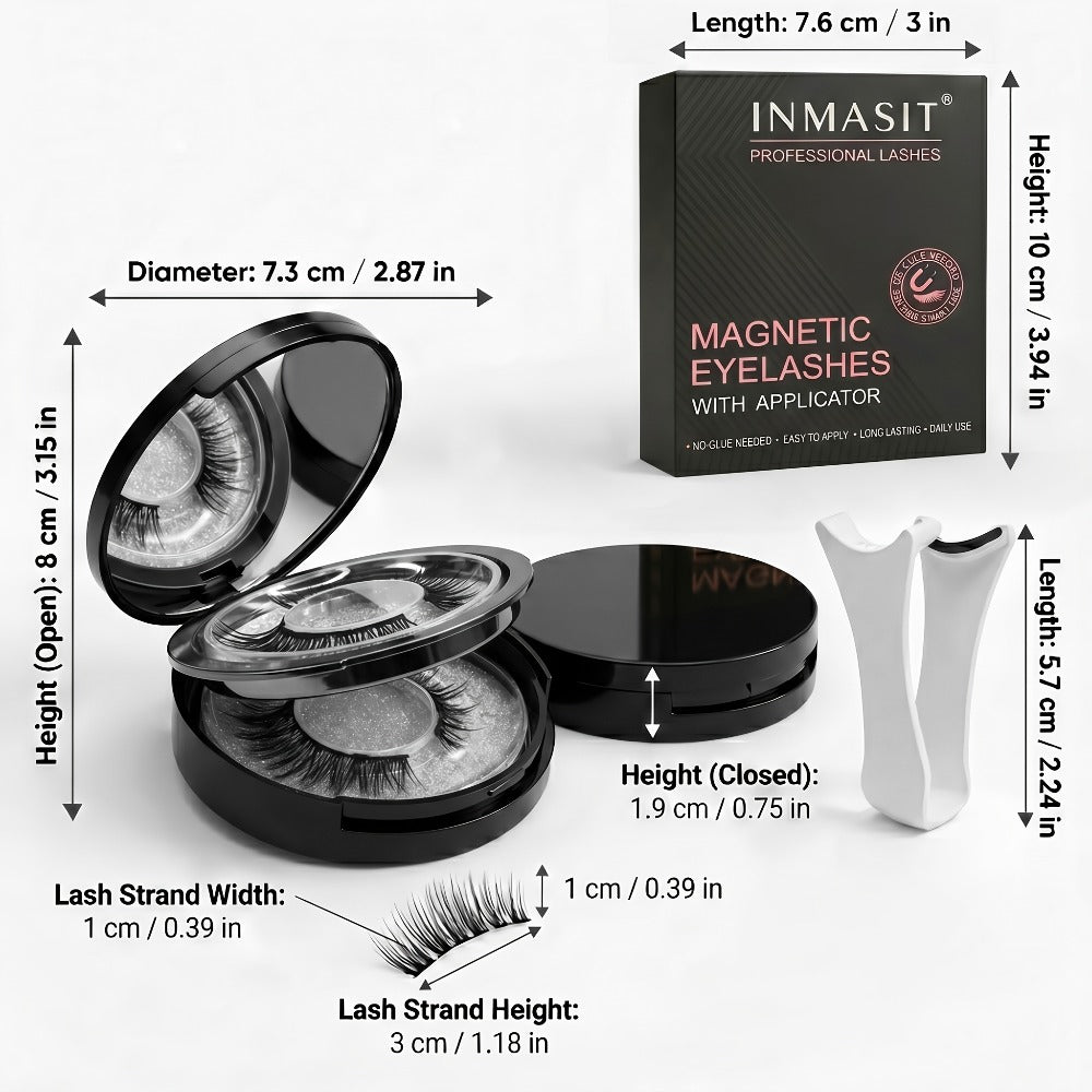 INMASIT Magnetic False Eyelashes Set with Round Storage Case and Applicator in Black or Pink