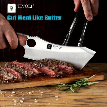 Full-Tang Meat Cleaver with High-Carbon Steel Blade, Wood-Look Handle, Brown Sheath and Presentation Box