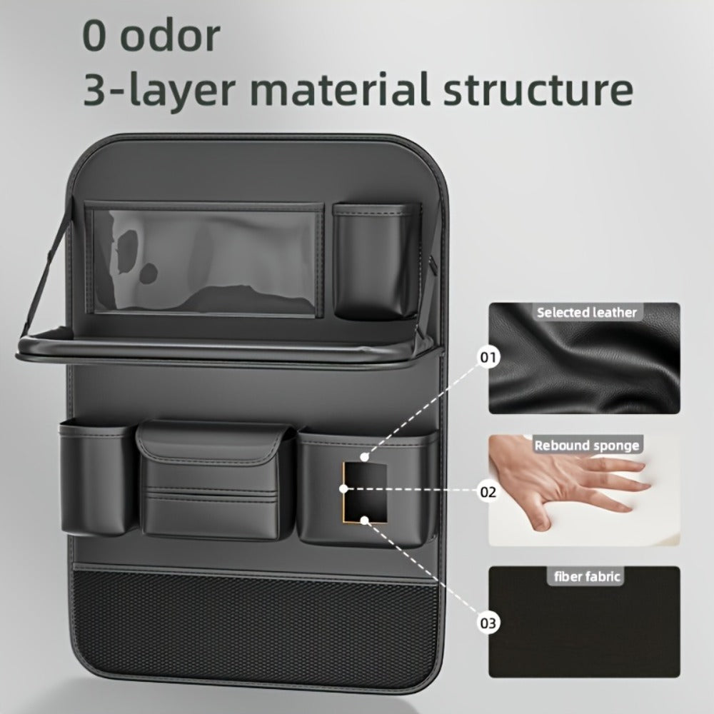 Car Seat Back Organizer PU Leather - Foldable Dining Table, Cup Holder, Multi-Pocket Storage Bag, Universal Fit Back Seat Travel Organizer for Kids & Passengers, 1pc or 2pc Set