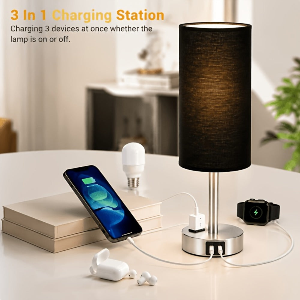 Dimmable Table Lamp with USB Charging Ports & AC Outlet - 3-Way Touch Control Bedside Nightstand Lamp, 6W LED Bulb Included, Wood & Metal Base, Modern Desk Light for Bedroom, Living Room & Office (1 or 2 Pack)