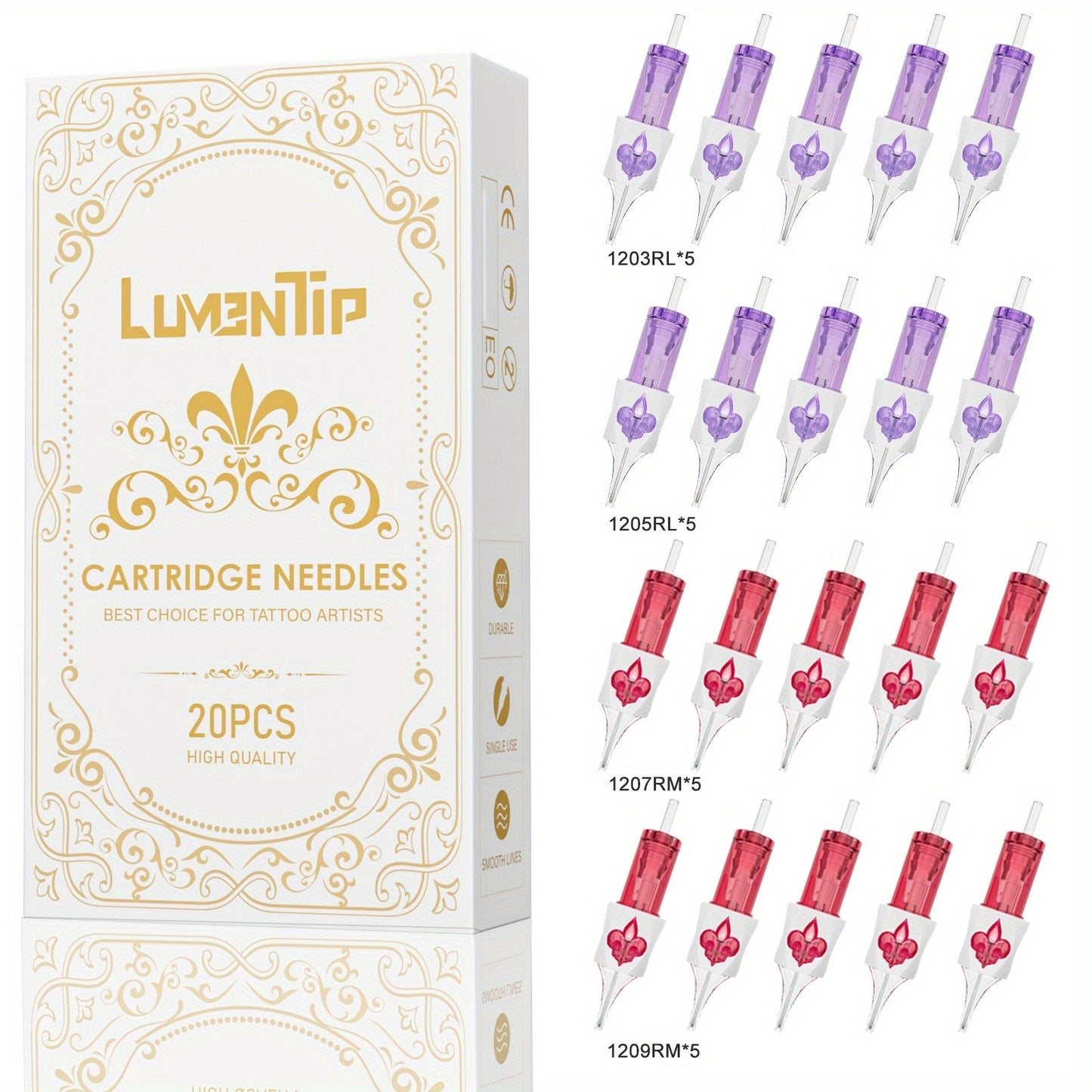 Tattoo Cartridge Needles with LumenTip Label, 20 or 50-Piece #12 RL RS RM M1 Cartridge Pack Choices