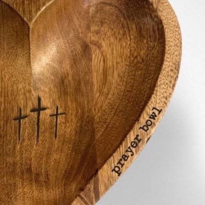 Heart-Shaped Wooden Prayer Bowl Set with Cross Engraving and Twenty-Four Printed Prayer Cards