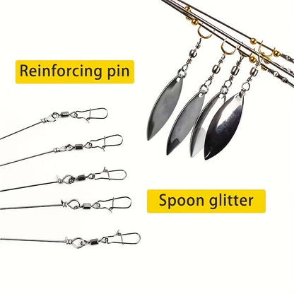 Fishing Lure Set 7-Piece Five-Arm Umbrella Rigs with Spinner Blades, Reinforcing Pins and Mixed Head Colors