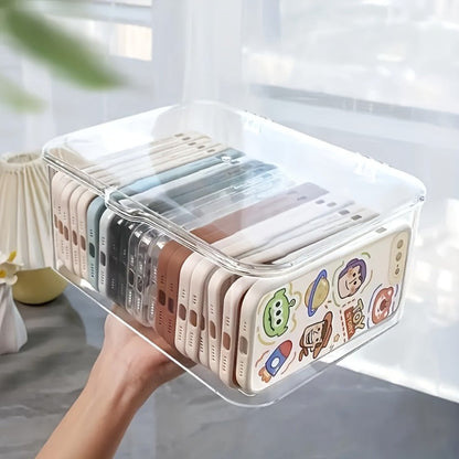 Clear Acrylic Desktop Organizer with Lid - Phone Case Storage Basket for Home Office Desk Organization