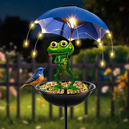 Solar Frog Statue Garden Light with Bird Feeder & LED String Decor