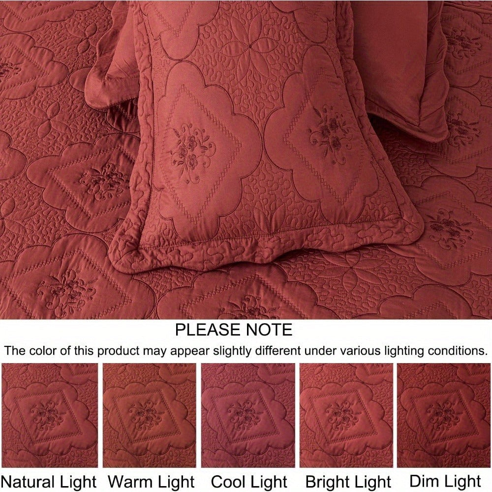 Quilt Set 3 Piece Floral Embroidery Bedspread - 100% Polyester Wrinkle Resistant Lightweight Quilted Coverlet with 2 Pillow Shams for Full Queen King Bed, Elegant Bedroom Decor in 19 Colors