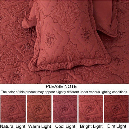 Quilt Set 3 Piece Floral Embroidery Bedspread - 100% Polyester Wrinkle Resistant Lightweight Quilted Coverlet with 2 Pillow Shams for Full Queen King Bed, Elegant Bedroom Decor in 19 Colors