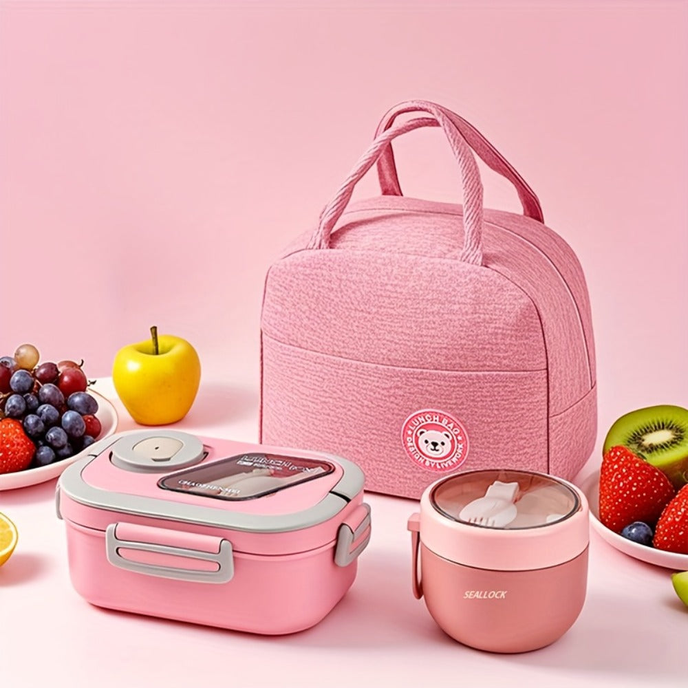 Two-Layer Bento Box Set with Multiple Compartments, Cup, Carry Bag, Cutlery and Sauce Container