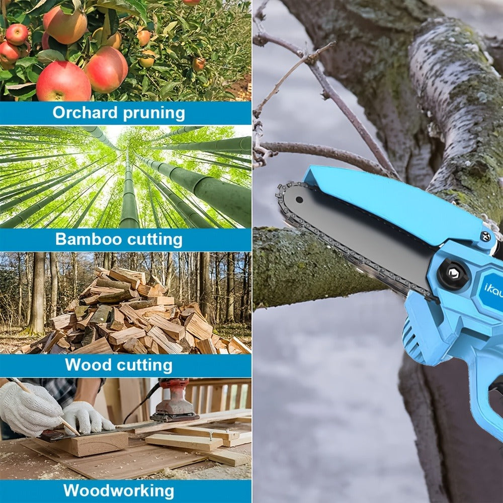 4-Inch Mini Cordless Chainsaw Kit in Yellow, Black or Blue with Two Batteries, Three Chains and Carry Case