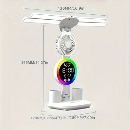 Multifunction LED Desk Lamp with Dual Light Bars, Built-In Fan, Digital Clock Display and One- or Two-Pack Options